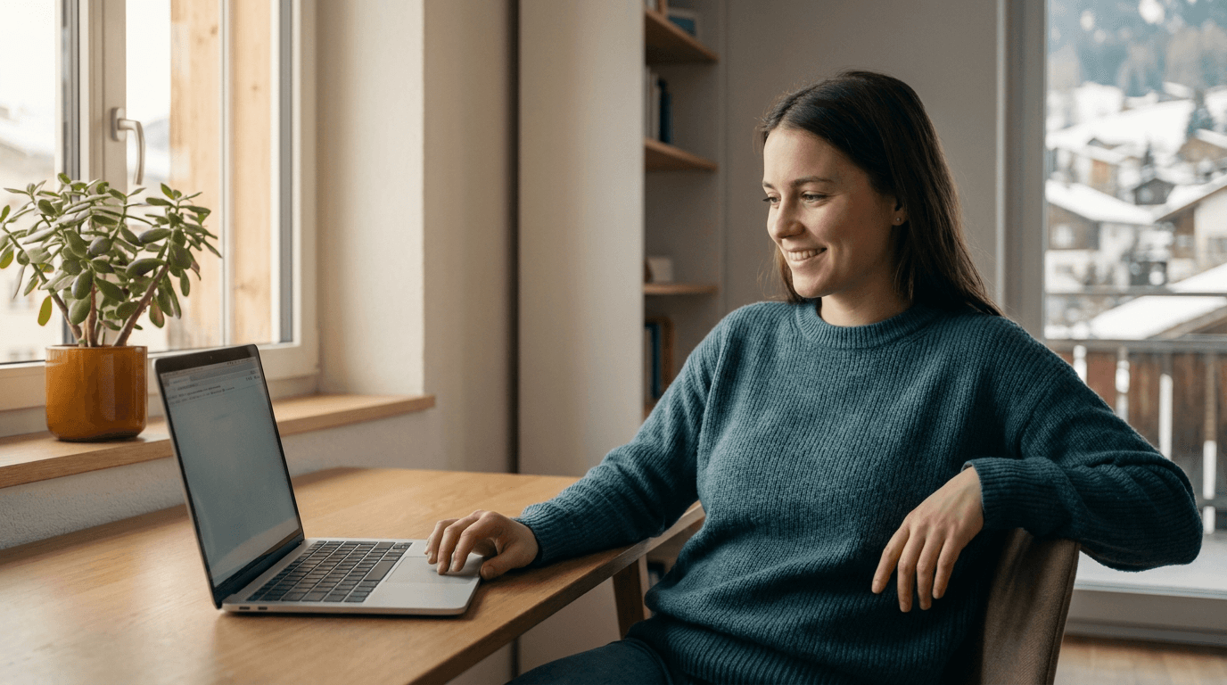 Frau zu Hause am Laptop schildert ihr Rechtsproblem